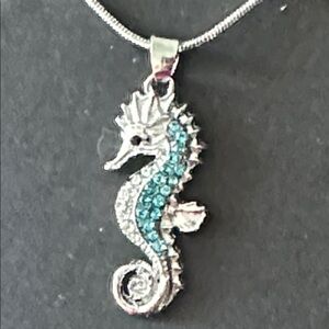 Silver & Blue Sparkly. Seahorse Pendant Necklace